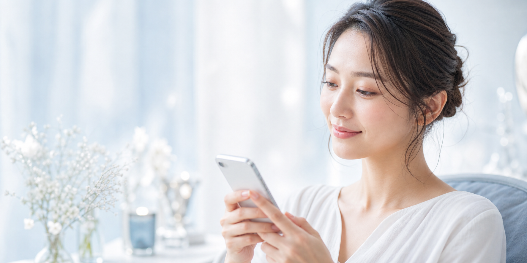 スマートフォンで気になることを確認している女性